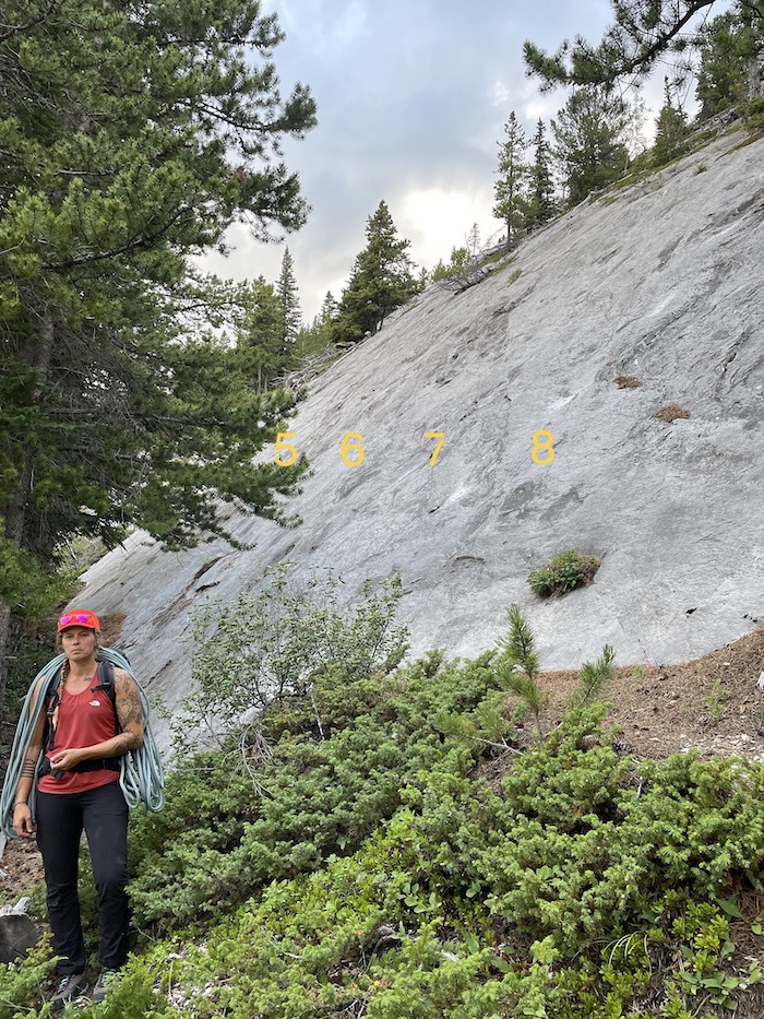 A picture of a cliff with the names of rock climbing routes. Right hand side of the crag.