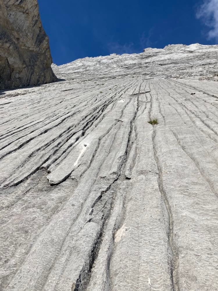 A grey rock face stretches up to blue sky.