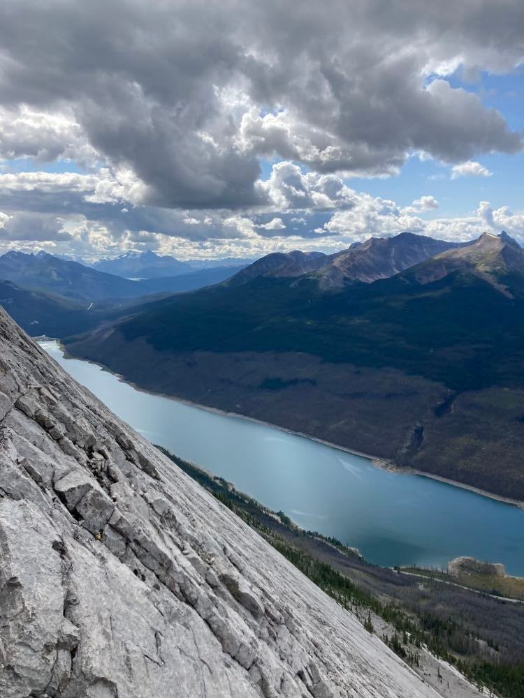 The climbers view halfway up their ascent of Medicine Lake and the Maligne Valley